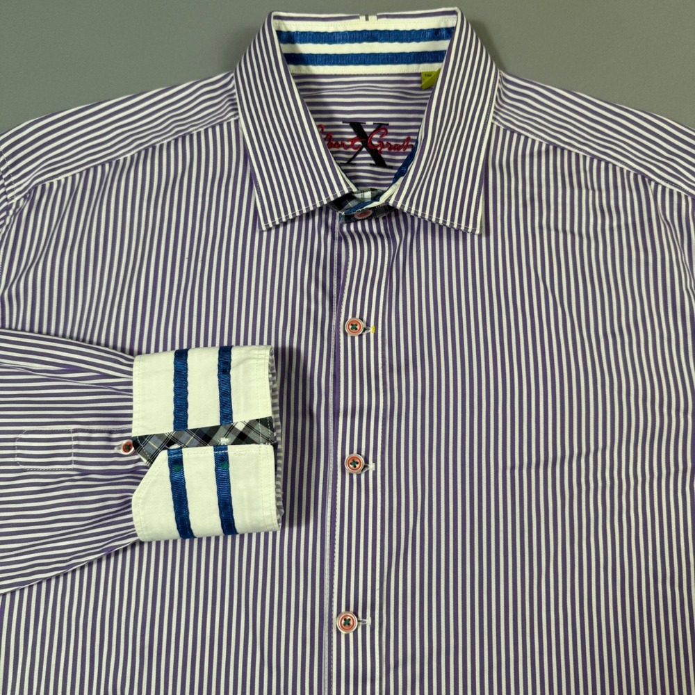 Robert Graham Shirt Mens Large Purple Striped Tailored Fit Flip Cuff Long Sleeve